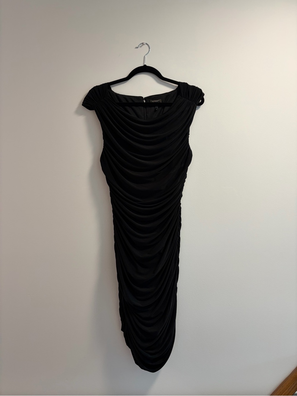 Apart Glamour Ruched Black Midi Dress with Draped Scoop Neck